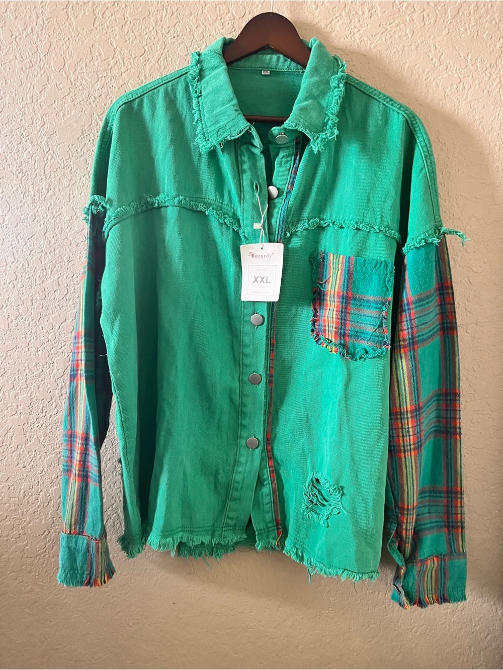 NWT Bozanly Green Distressed Plaid Sleeve Shacket 2X Fall Vibes Boho 2X Cotton